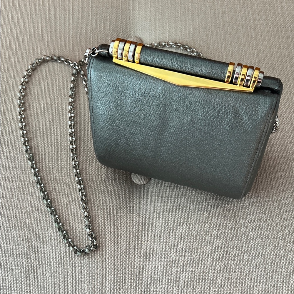 Dark Gray Leather Crossbody Bag with Gold Accents